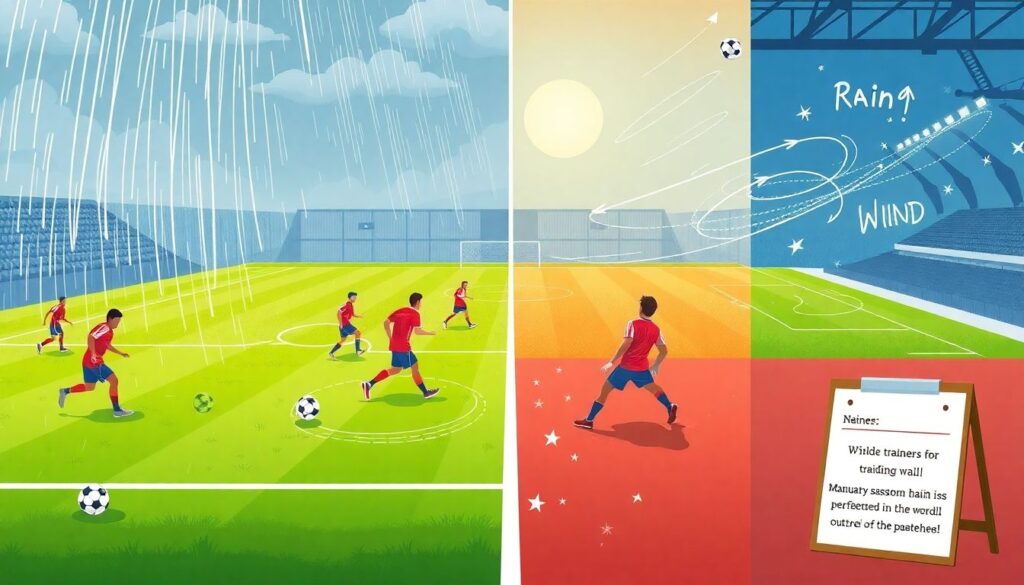 Траектории полета мяча в различных погодных условиях - иллюстрация